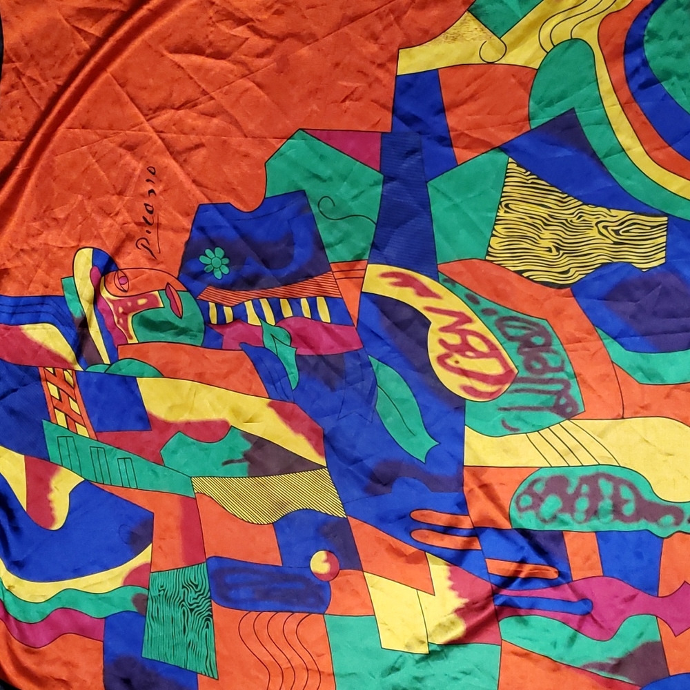 Vintage 80s Picasso Pop Art Silk Scarf Large Square Bright - Picture 2 of 4